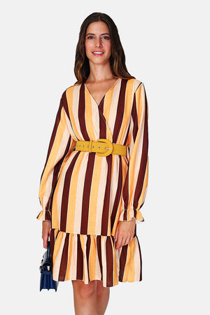 Faux wrap dress with belt and vintage buckle