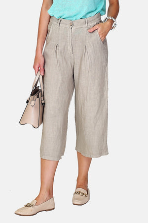 Wide, high-waisted cropped trousers, front zip fastening, side pockets