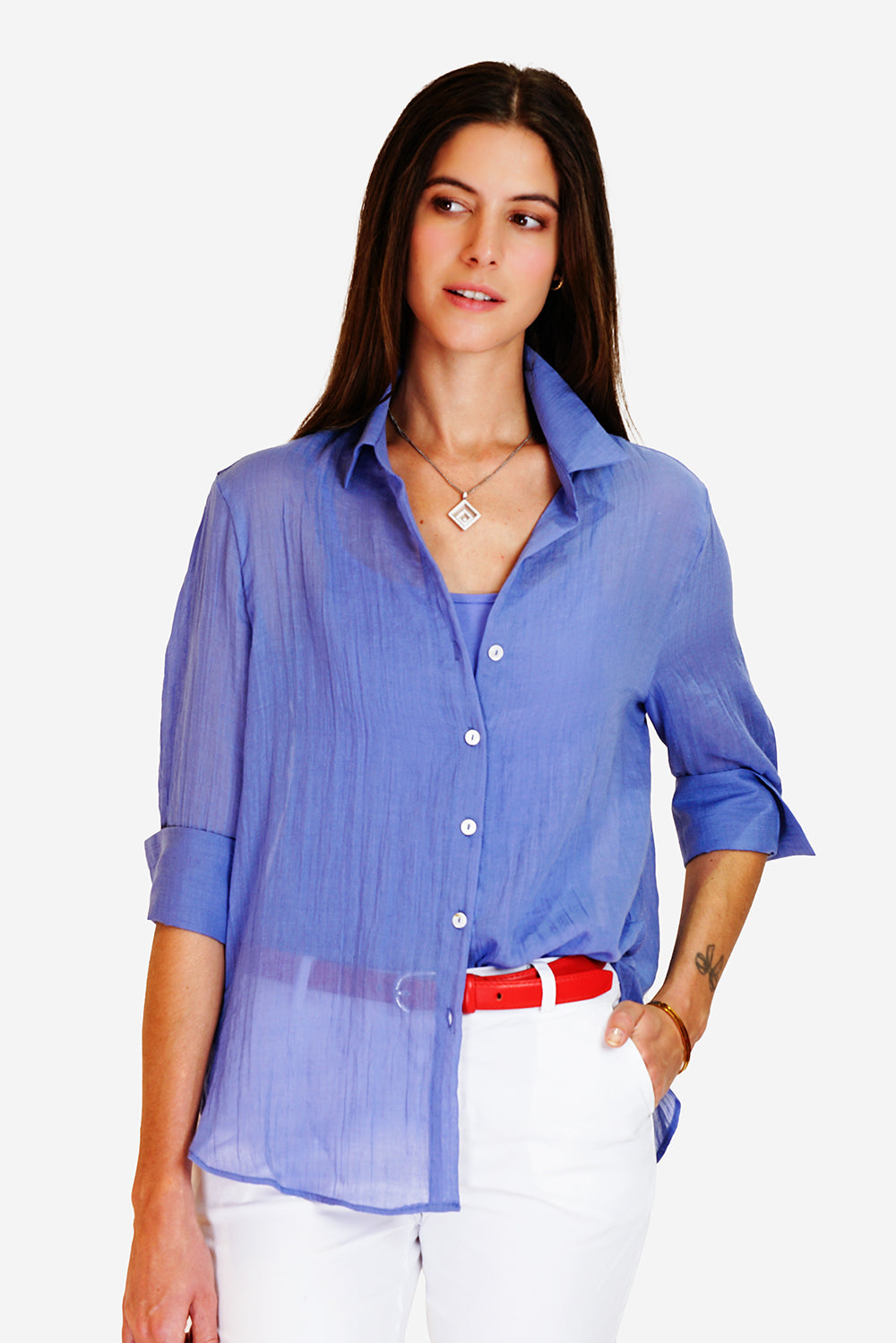 Button-down front trapeze shirt with long sleeves