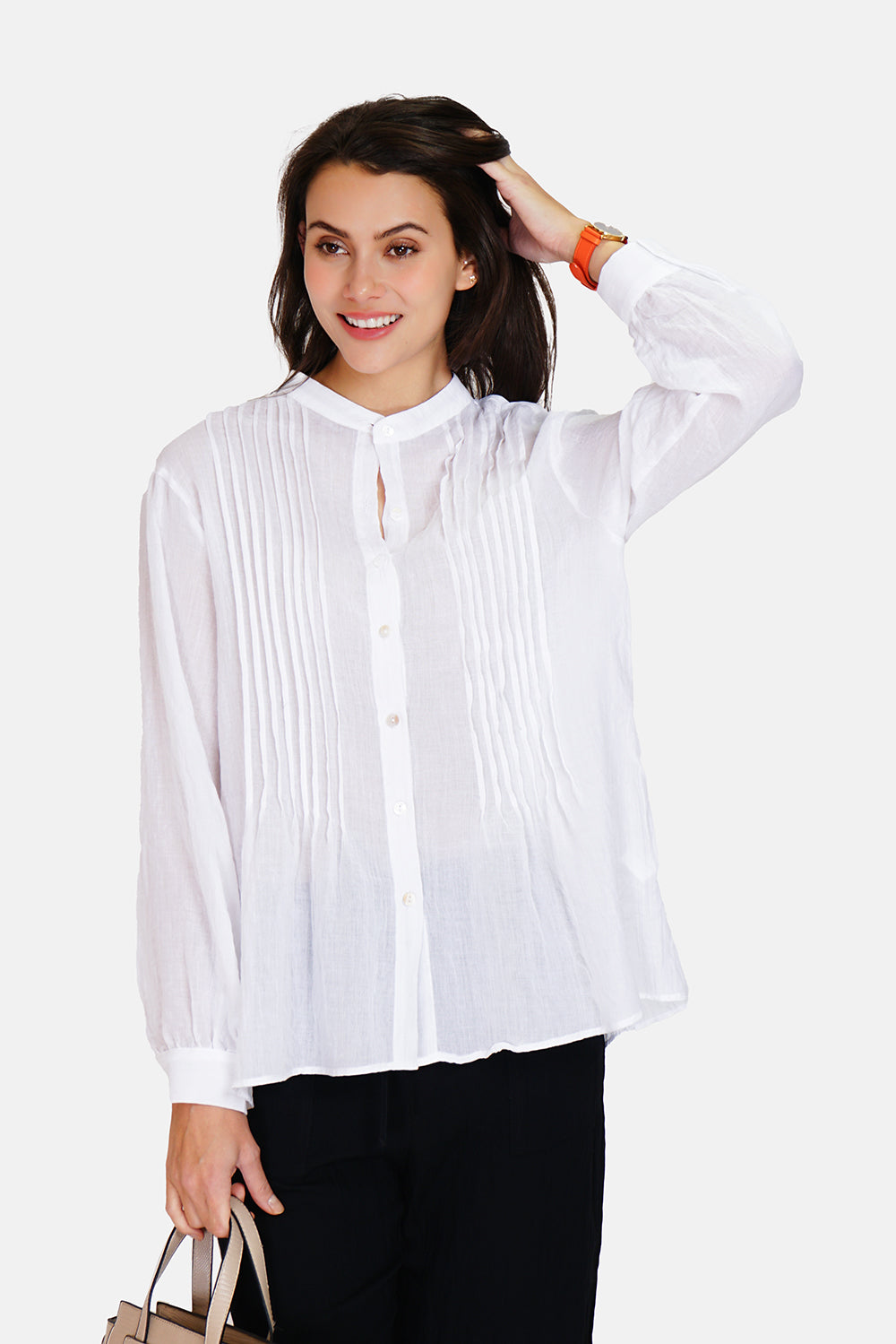 Tunic with mandarin collar, folded front, buttoned, long sleeves