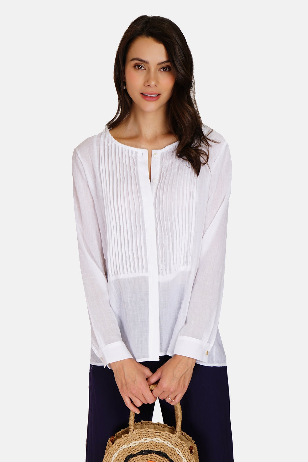 Buttoned pleated front tunic with long sleeves