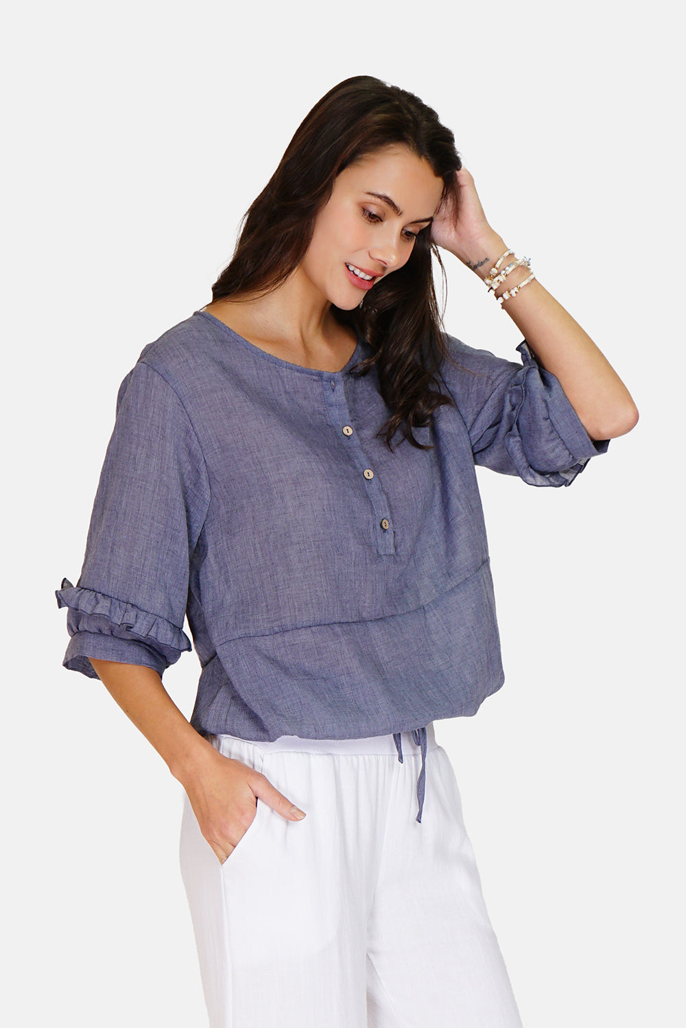 Wide buttoned top with ruffles on the 3/4 sleeves