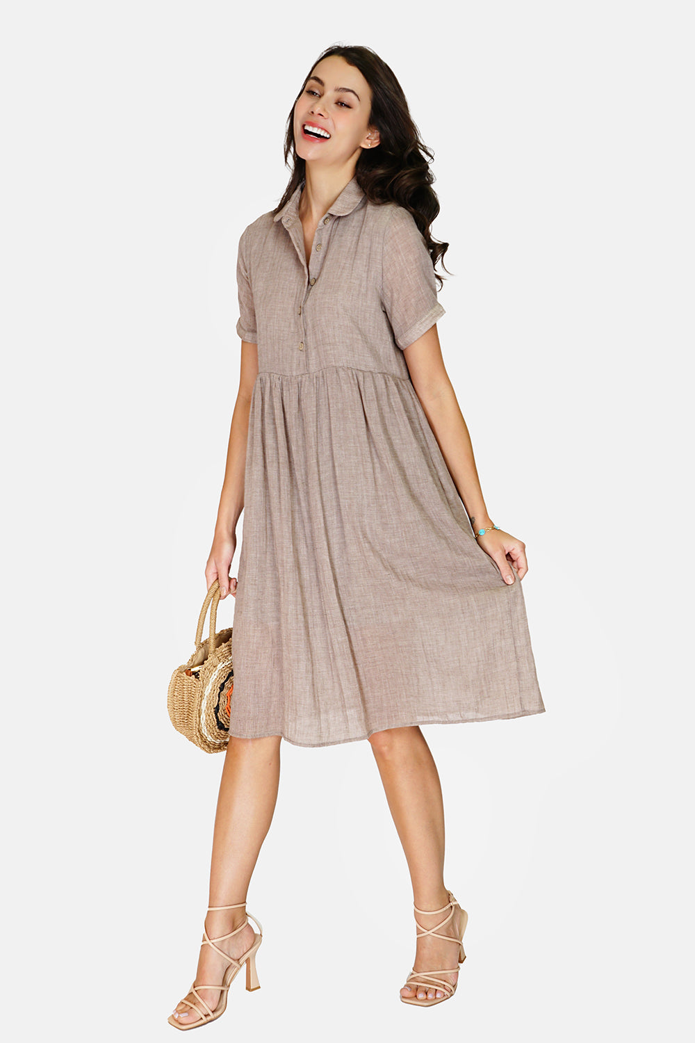 Long dress with shirt collar, buttoned front, short sleeves