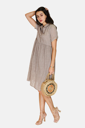 Long dress with shirt collar, buttoned front, short sleeves