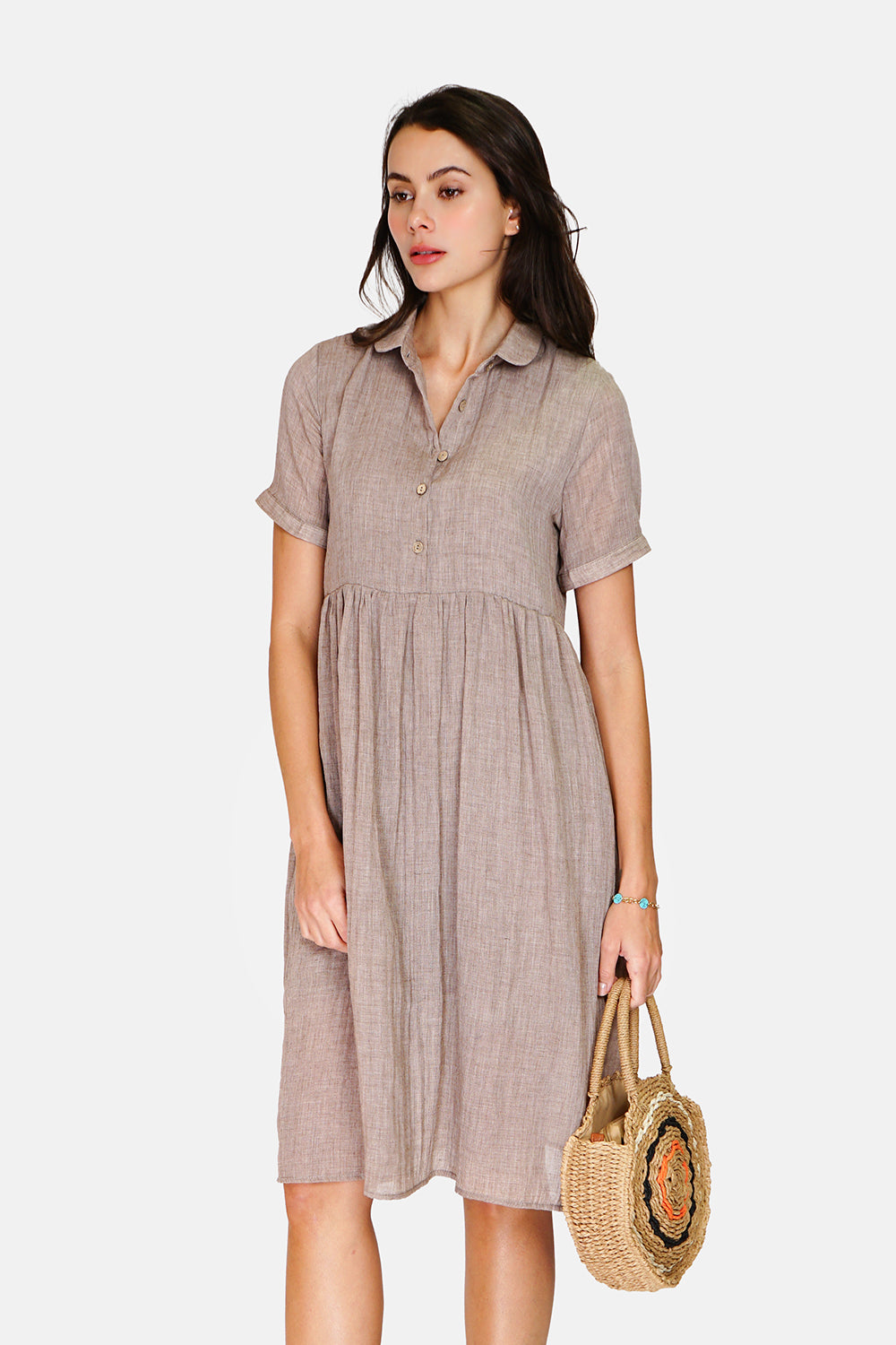 Long dress with shirt collar, buttoned front, short sleeves