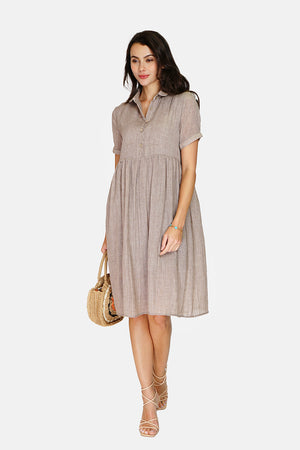 Long dress with shirt collar, buttoned front, short sleeves