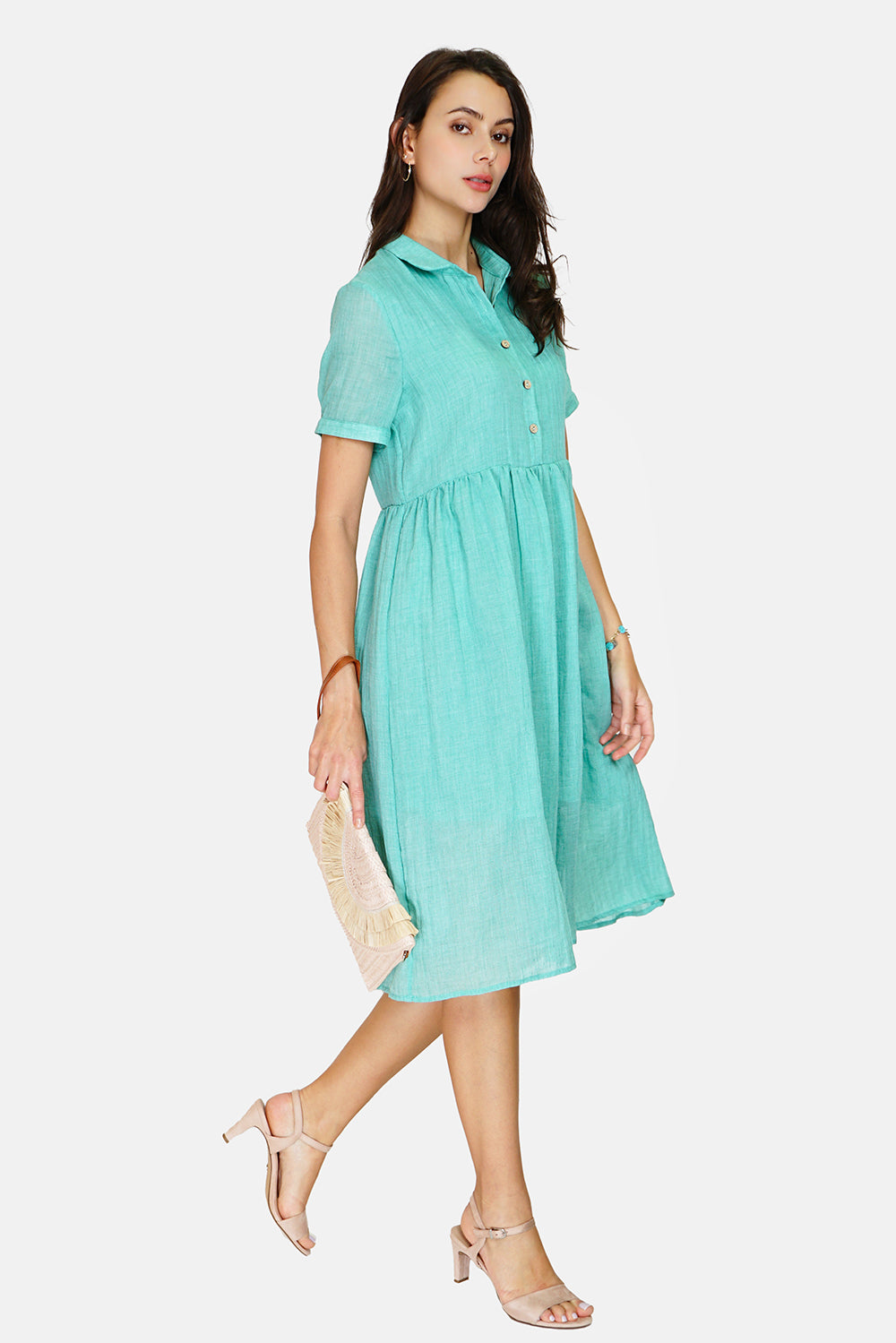 Long dress with shirt collar, buttoned front, short sleeves