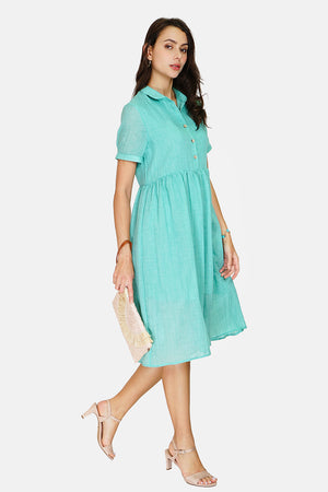 Long dress with shirt collar, buttoned front, short sleeves