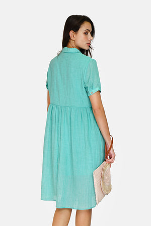 Long dress with shirt collar, buttoned front, short sleeves