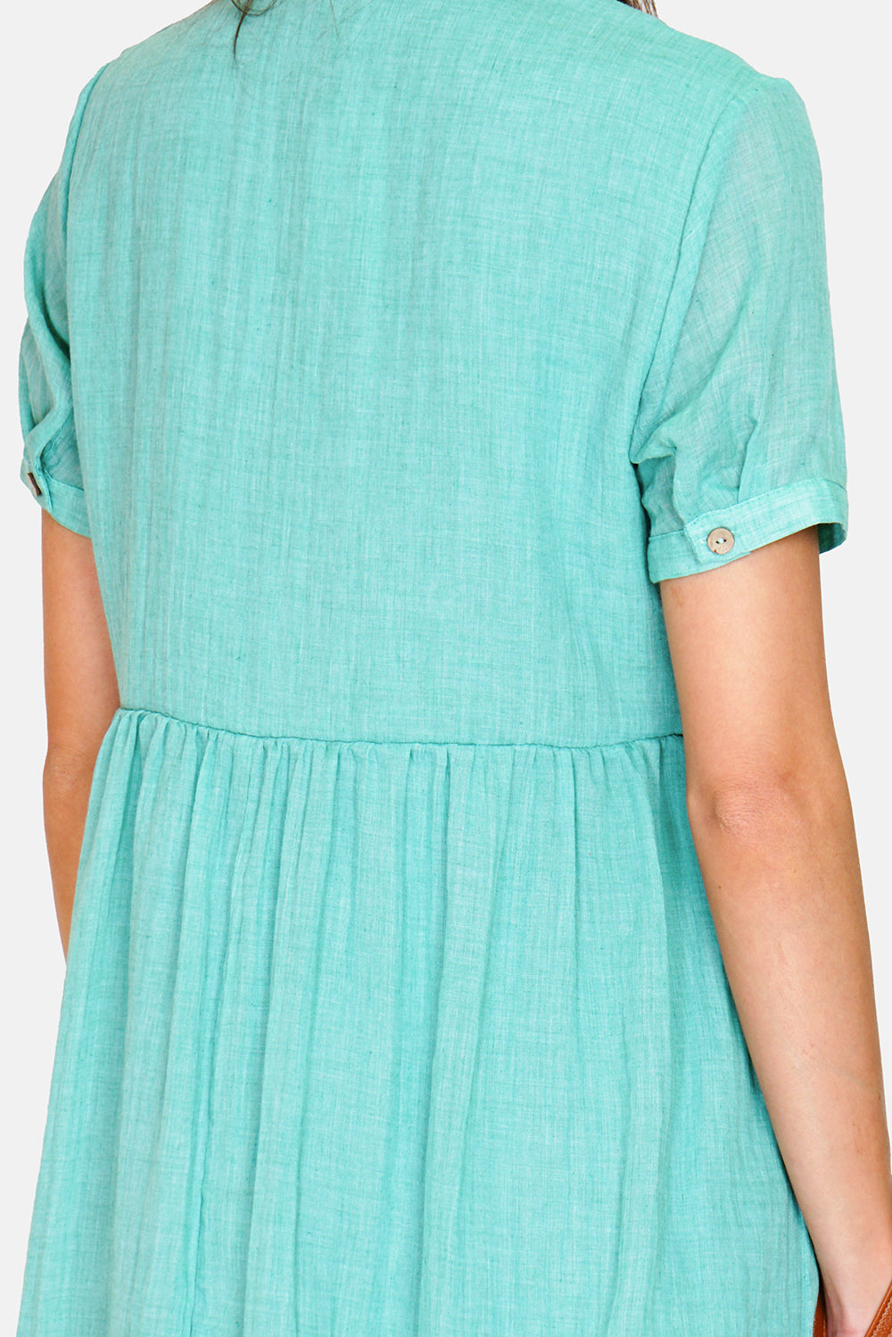 Long dress with shirt collar, buttoned front, short sleeves