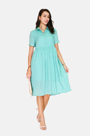 Long dress with shirt collar, buttoned front, short sleeves