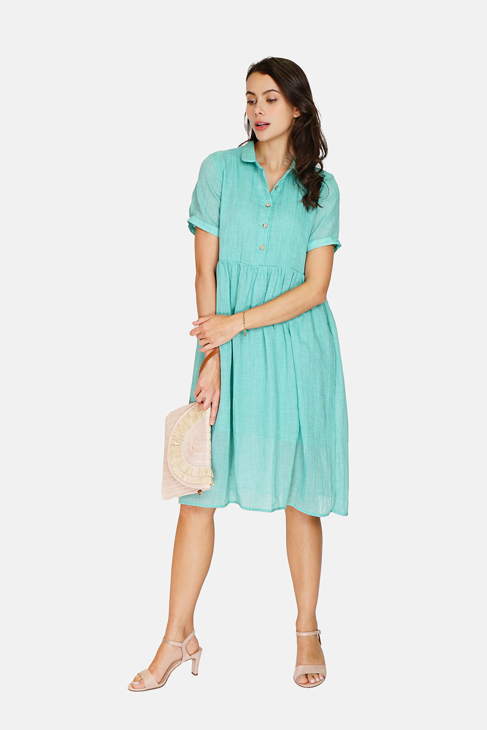 Long dress with shirt collar, buttoned front, short sleeves