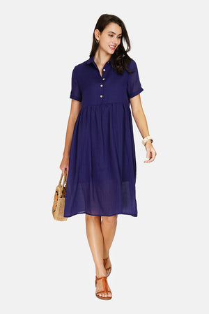 Long dress with shirt collar, buttoned front, short sleeves