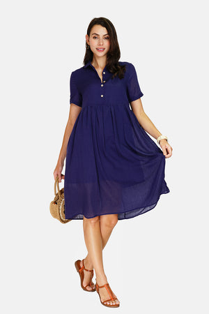 Long dress with shirt collar, buttoned front, short sleeves