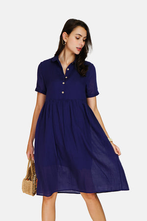 Long dress with shirt collar, buttoned front, short sleeves