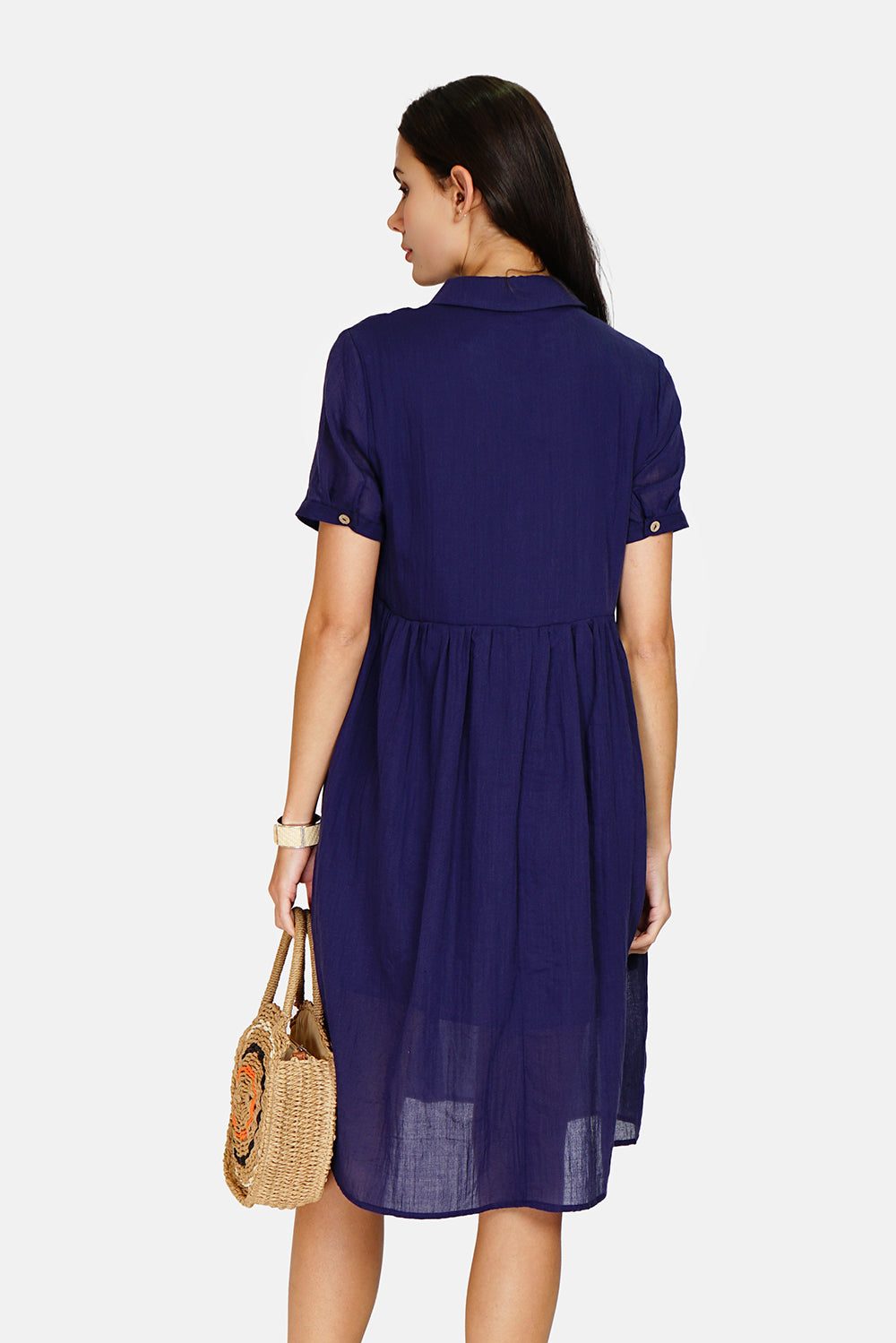 Long dress with shirt collar, buttoned front, short sleeves