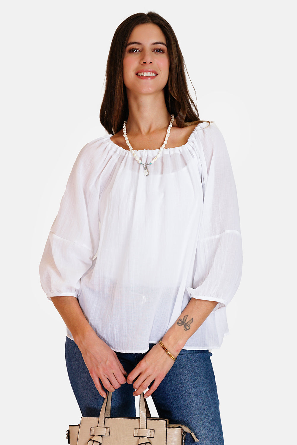 Wide top with lace at the round neck with 3/4 sleeves