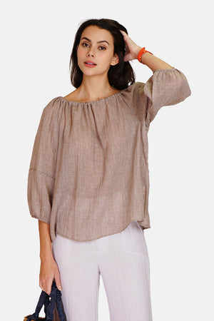 Wide top with lace at the round neck with 3/4 sleeves