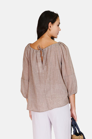 Wide top with lace at the round neck with 3/4 sleeves