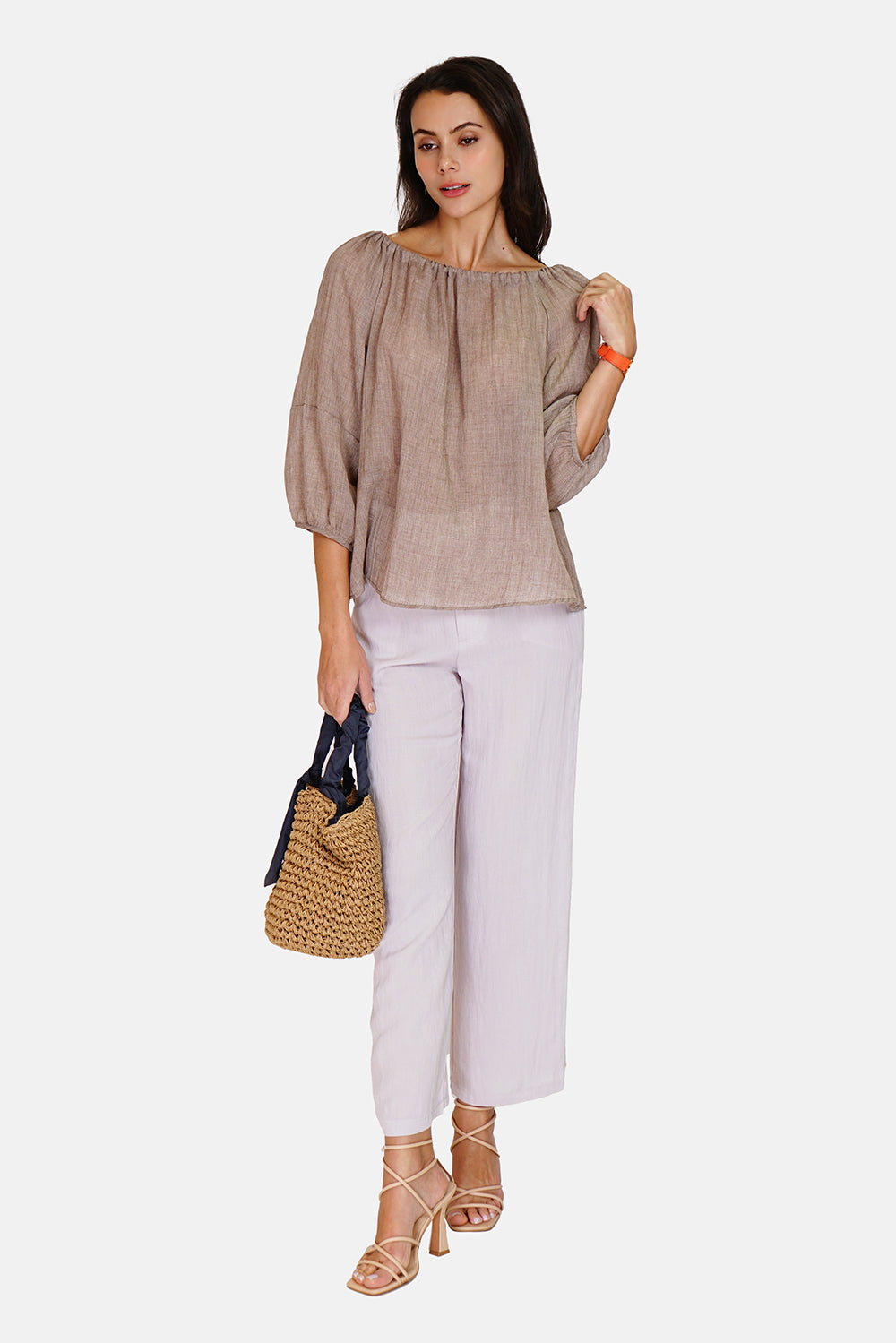 Wide top with lace at the round neck with 3/4 sleeves