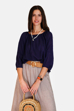 Wide top with lace at the round neck with 3/4 sleeves