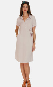 Short-sleeved shirt collar dress with buttoned front and waist tightening belt