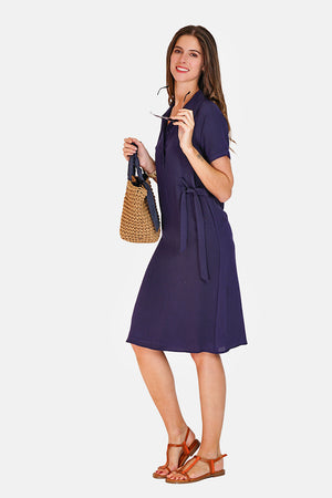 Short-sleeved shirt collar dress with buttoned front and waist tightening belt