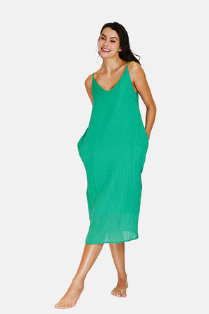 Wide v-neck strap dress front and back with pockets