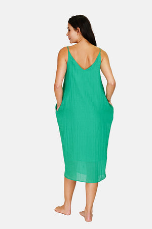 Wide v-neck strap dress front and back with pockets