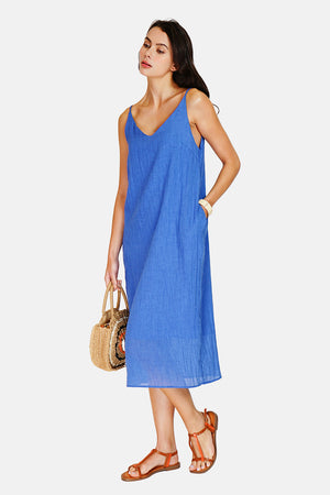 Wide v-neck strap dress front and back with pockets