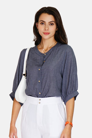 Round neck shirt Buttoned trapeze front with mid-length sleeve