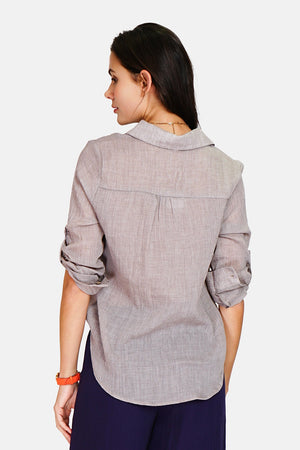 Tunic with shirt collar, buttoned front, trapeze, long sleeves