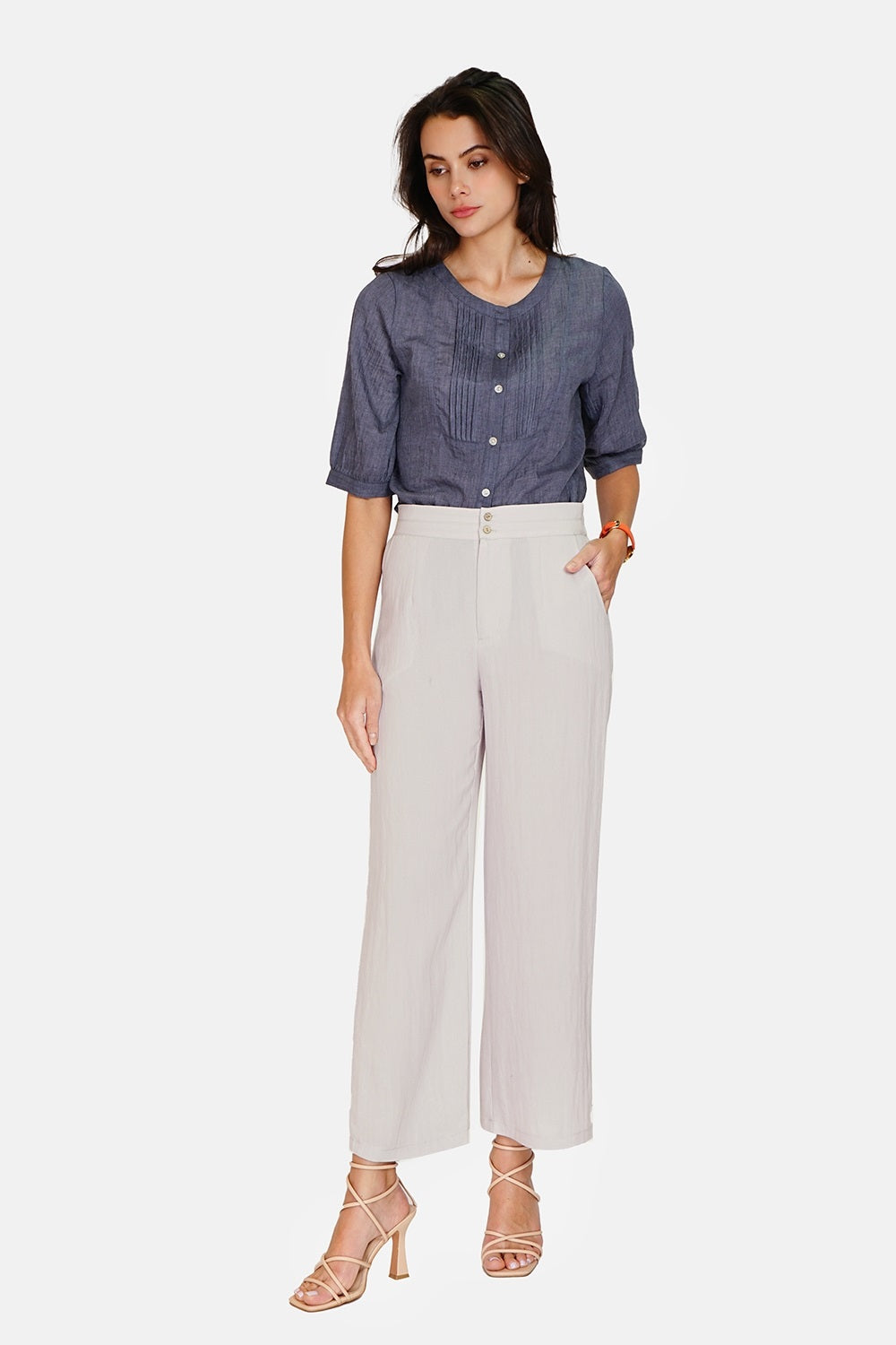 Wide pants with fancy belt zip closure and high waist button