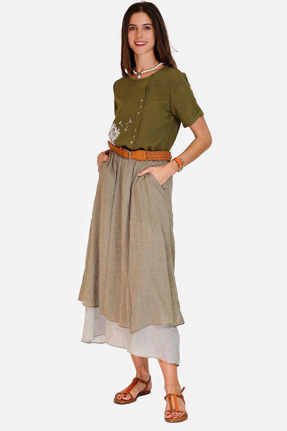 Long skirt with front pockets lined in bi-color