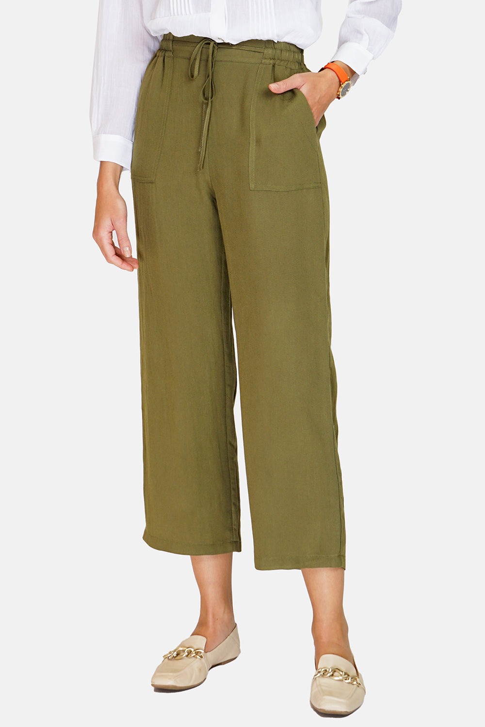 High waist patch pocket pants with drawstring