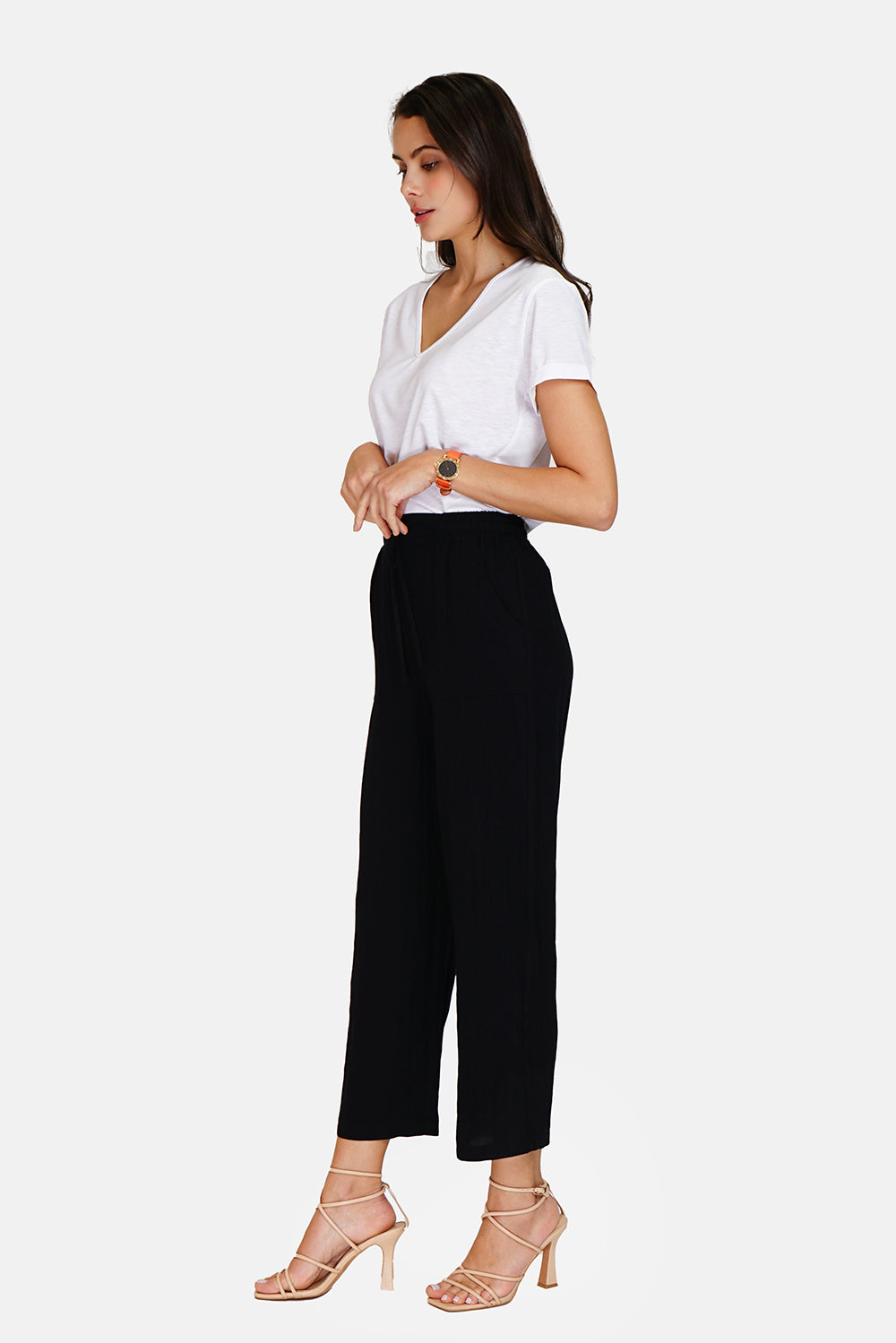 High waist patch pocket pants with drawstring