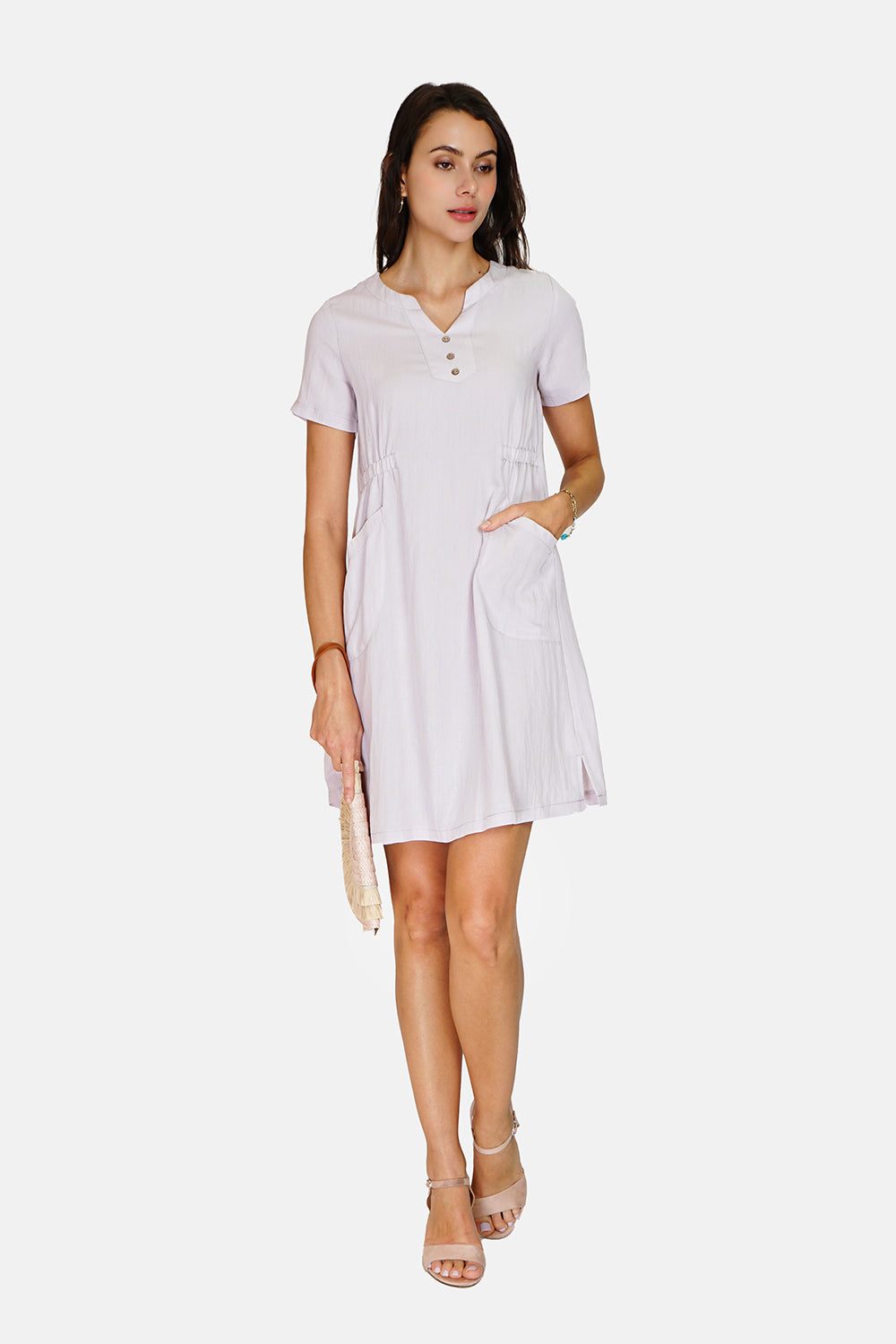 Dress with Tunisian collar, front buttons and pockets, short sleeves