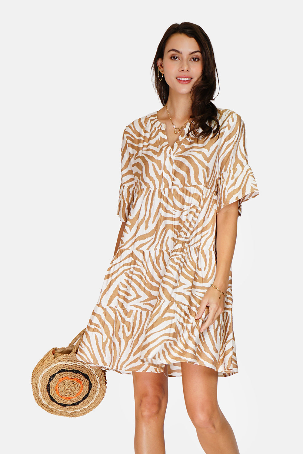 Zebra Print Henley Collar Button Front Ruffle Mid-Length Sleeve Dress