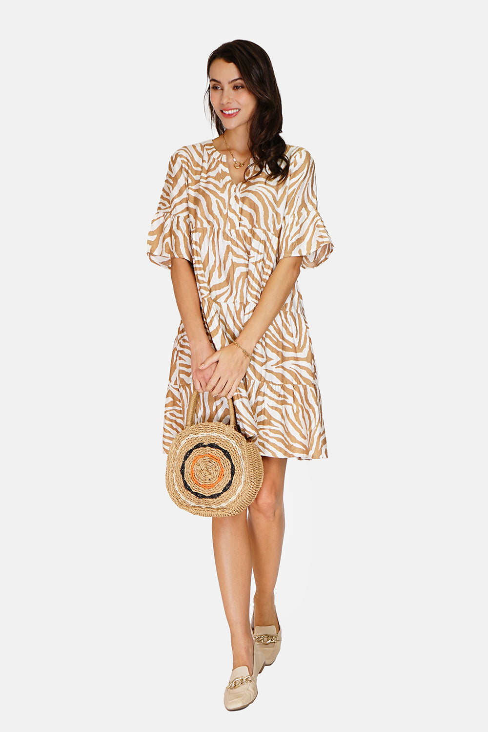 Zebra Print Henley Collar Button Front Ruffle Mid-Length Sleeve Dress