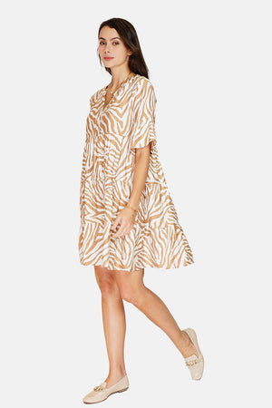 Zebra Print Henley Collar Button Front Ruffle Mid-Length Sleeve Dress