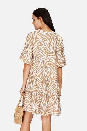 Zebra Print Henley Collar Button Front Ruffle Mid-Length Sleeve Dress