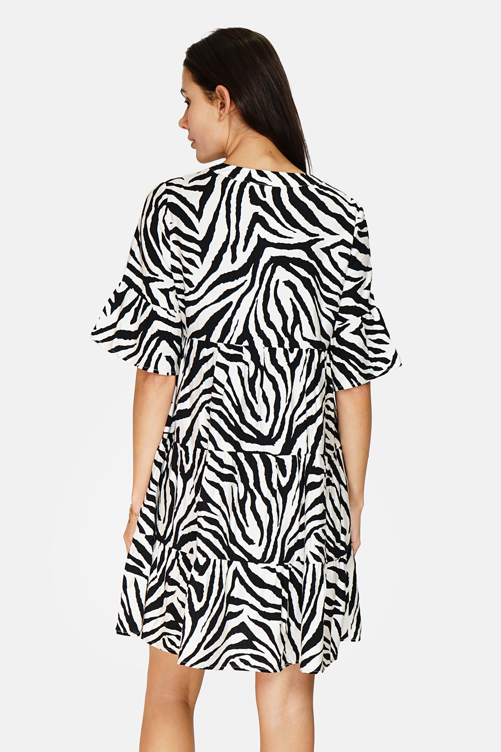 Zebra Print Henley Collar Button Front Ruffle Mid-Length Sleeve Dress