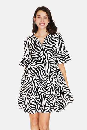 Zebra Print Henley Collar Button Front Ruffle Mid-Length Sleeve Dress