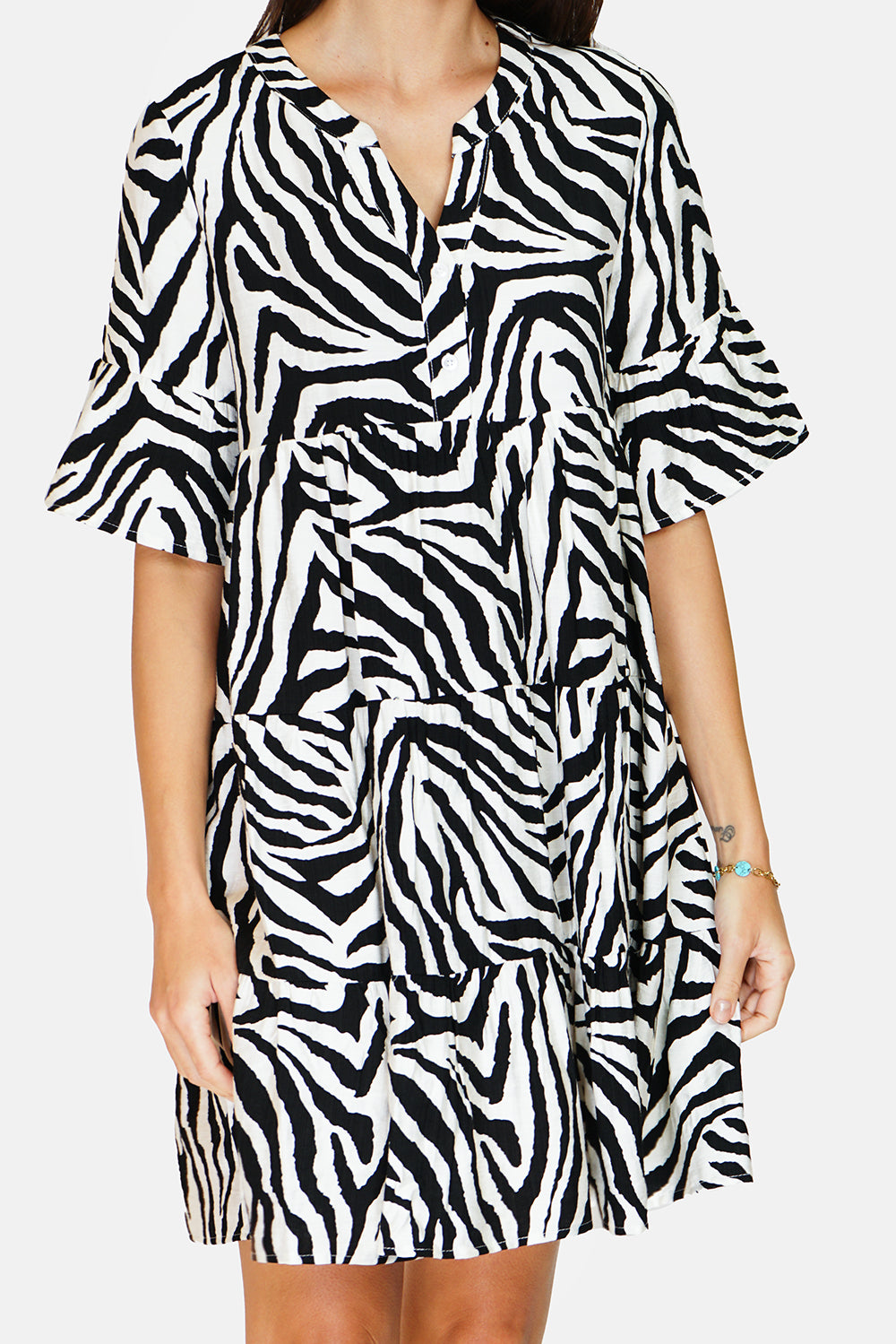 Zebra Print Henley Collar Button Front Ruffle Mid-Length Sleeve Dress