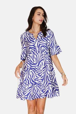 Zebra Print Henley Collar Button Front Ruffle Mid-Length Sleeve Dress