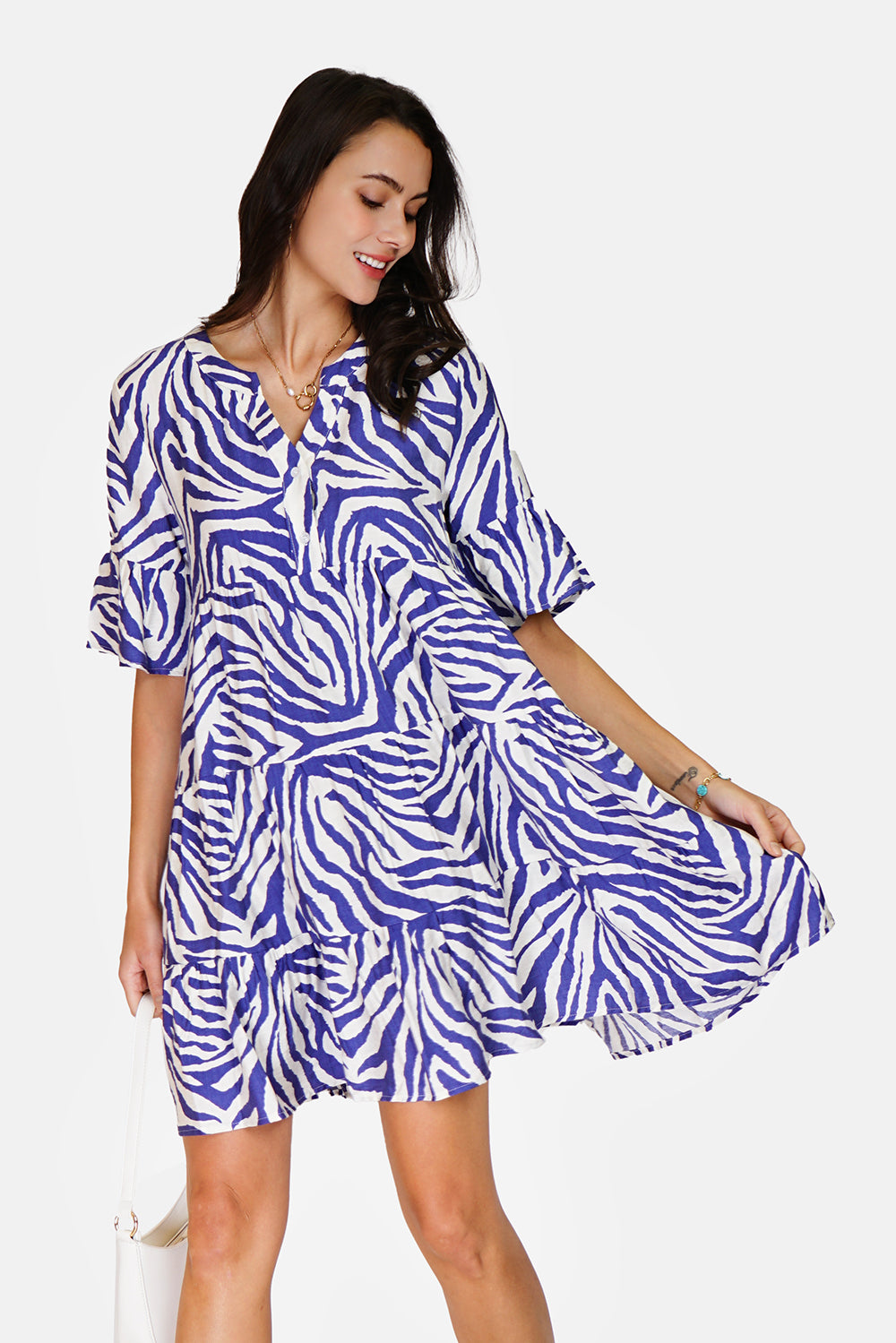 Zebra Print Henley Collar Button Front Ruffle Mid-Length Sleeve Dress