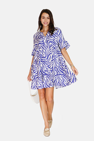 Zebra Print Henley Collar Button Front Ruffle Mid-Length Sleeve Dress