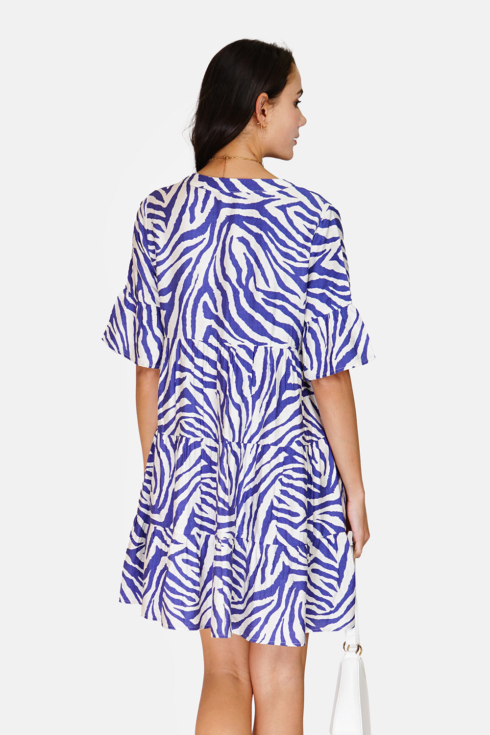 Zebra Print Henley Collar Button Front Ruffle Mid-Length Sleeve Dress