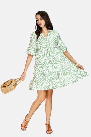 Zebra Print Henley Collar Button Front Ruffle Mid-Length Sleeve Dress