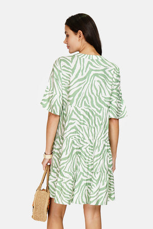 Zebra Print Henley Collar Button Front Ruffle Mid-Length Sleeve Dress